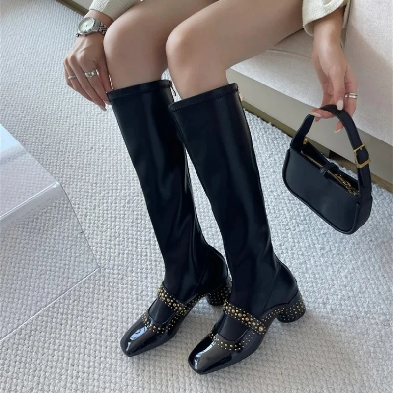 

Aneikeh Designer Rivet Buckle Strap Women Knee-High Boots Punk Style Square Head Thick Low Heels Shoes Fashion Botas De Mujer