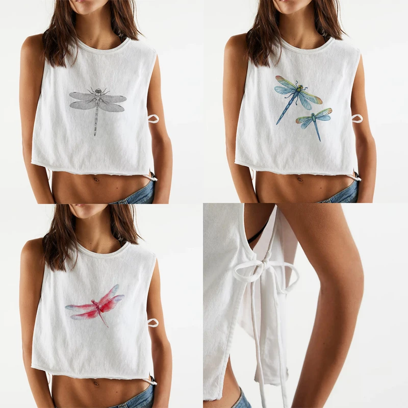 Y2K White Women's Vest Sleeveless Sexy Crop Top Simple And Chic Round Neck Dragonfly Printed Women's Dress In Summer Y2k