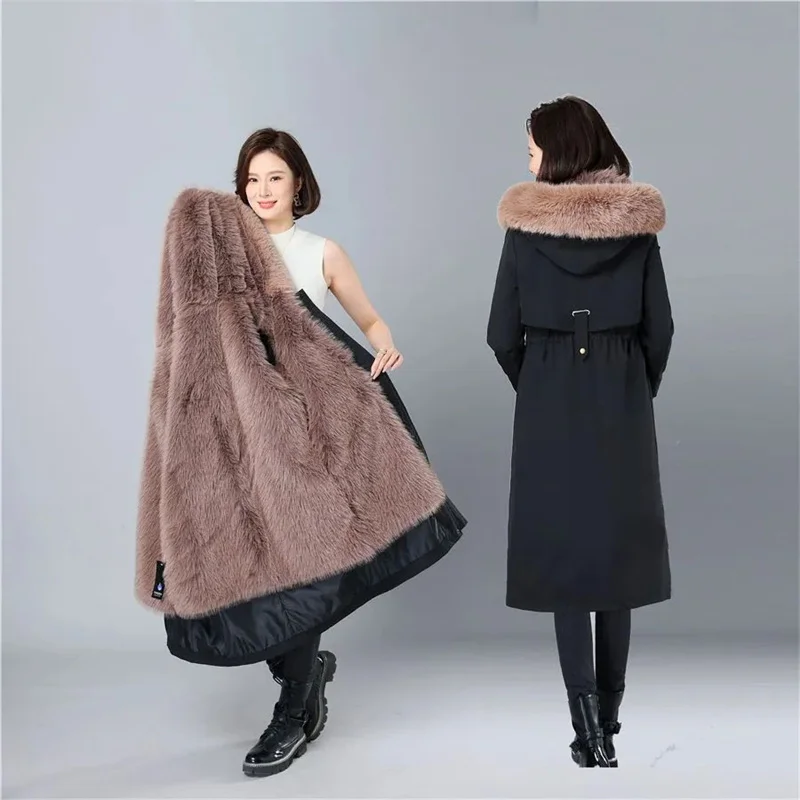 2023 New Winter Parkas Women Faux Fox Fur Inner liner Detachable Fur One Piece Thick Imitation Fur Coat Female Warm Overcoat