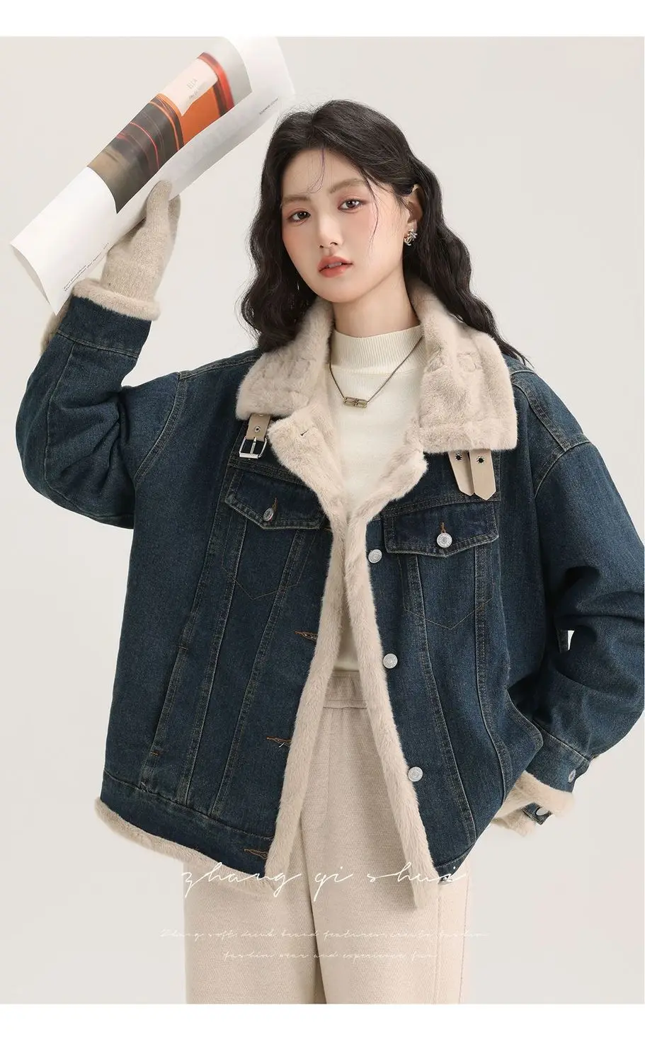 

Джинсовое пальто для женщин, темное меховое плюшевое женское зимнее двубортное нечеткая верхняя одежда Kpop, профессиональная минималистичная куртка с круглым вырезом и клапаном