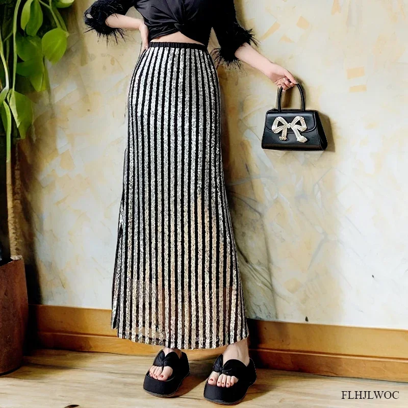 2025 Spring Ladies Night Outfit Party Wear Women's Striped Sequin Midi Skirt Black Glitter Sequined Long Maxi Skirts