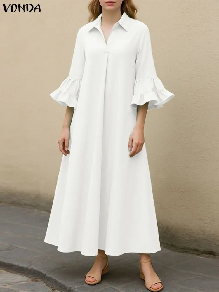 Women Plus Size Sundress Lapel 3/4 Sleeve Ruffled Elegant Maxi Long Vestidos Casual Solid Party Robe Office Dresses 5XL VONDA
