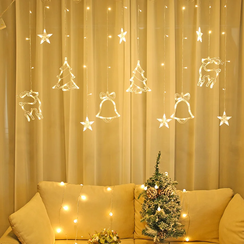 Creative 3.5M LED Deer Bell Xmas Tree Curtain String ไฟ EU Plug คริสต์มาส Garland Fairy ไฟสําหรับงานปาร์ตี้วันหยุดตกแต่ง