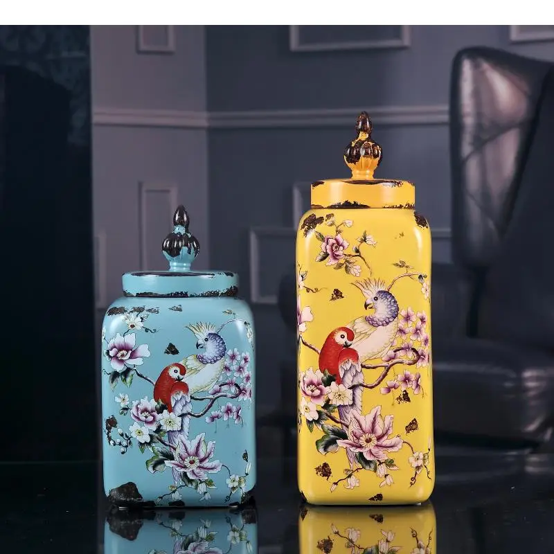 Rustic Flower and Bird Ceramic Decorative Jars with Lid High Capacity Tea Caddy Suger Jar Desk Decoration Porcelain Storage