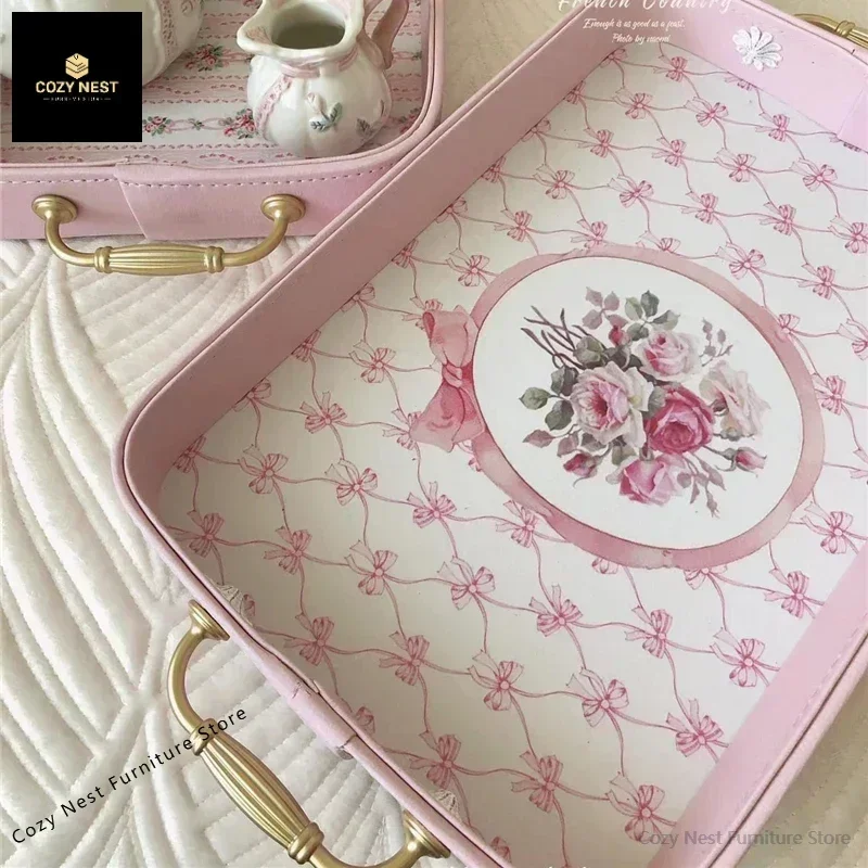 European Exquisite Pink Tray Vintage Gold Metal Handle Leather Storage Tray Home Decoration Rectangular Cake Plate Photo Props