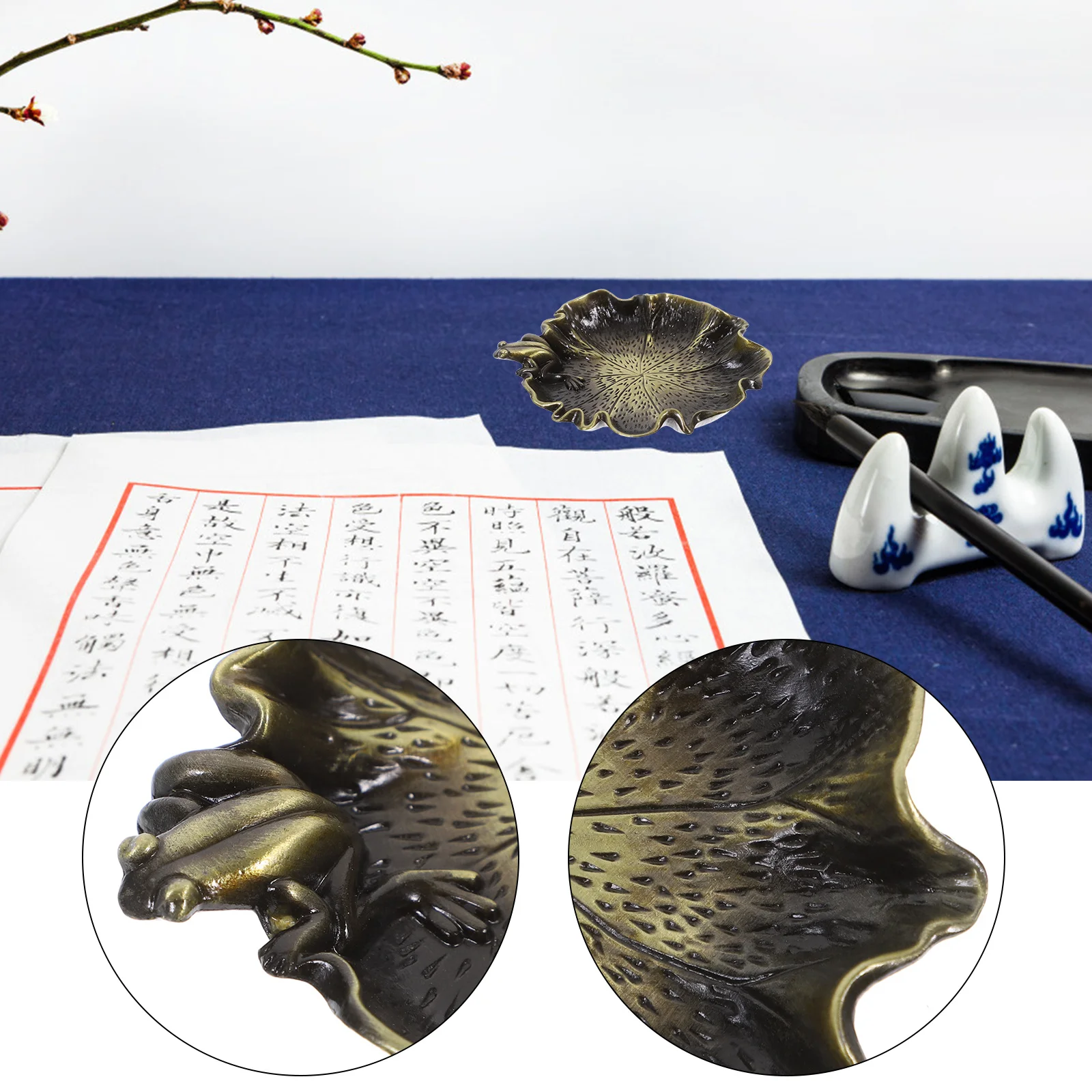 

Copper Ink Dish Plate Lotus Leaf Frogs Ink Well Desktop Calligraphy Brush Holder Paint Brush Washing Dish Decor