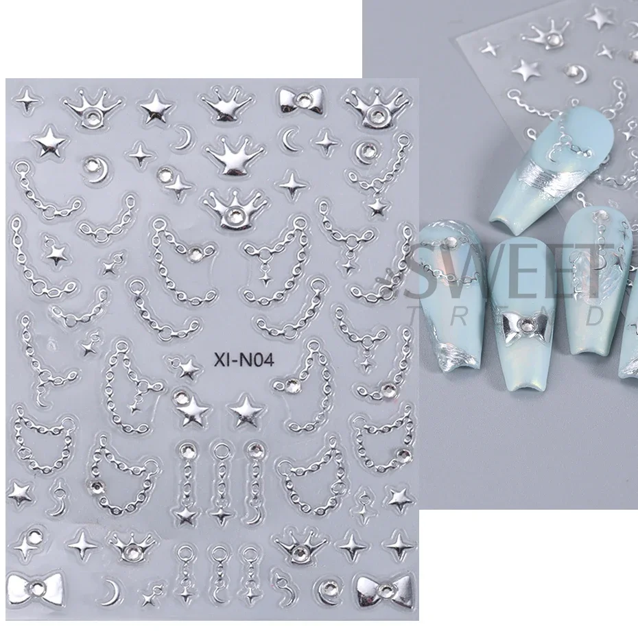 Adesivi per unghie 5D in metallo con stelle argentate in rilievo, catena di strass in resina a colori misti, perle, decorazione olografica incisa in stile Y2K