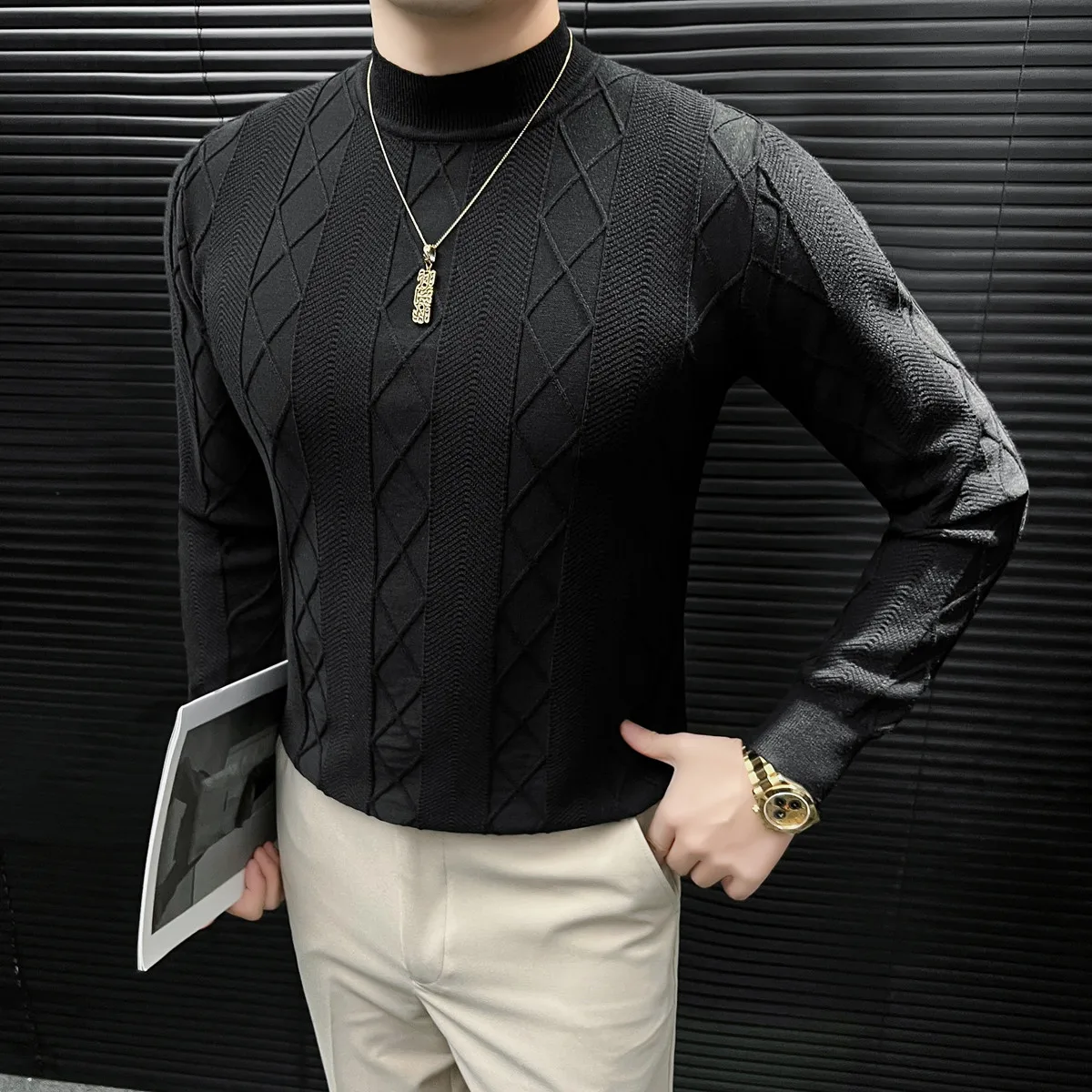 New Diamond Pattern Jacquard Sweater Autumn Winter Men Half High Neck Knit Warm Pullover High Qualitys Slim Long Sleeve Sweater