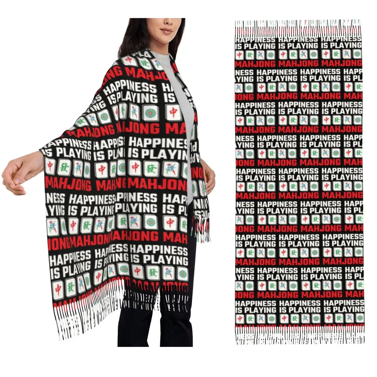 Happiness Is Playing Mahjong Tiles Party Game Scarf Tassel Scarves for Women Soft Shawls and Wraps Long Fall Winter Shawl Wrap