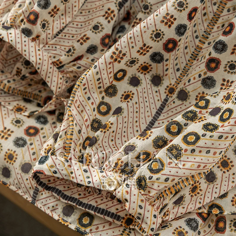 New French Lazy Court Style, Design 100 High-count Cotton Printed Pleated Long-sleeved Shirt and Blouse Women 1Y41