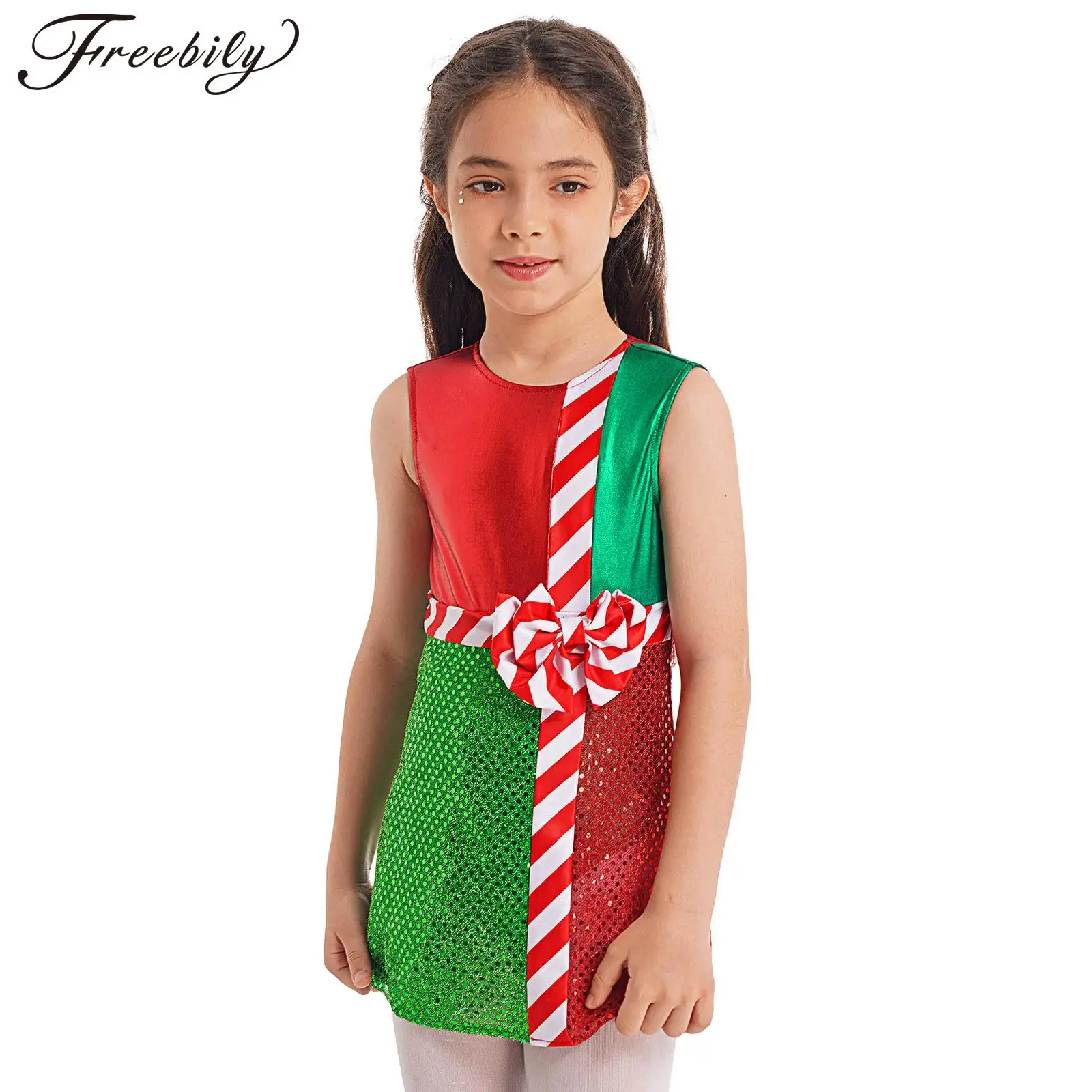 Kids Girl Christmas Party Dress Sleeveless Striped Leotard Tutu Xmas Santa Claus Cosplay Circus Stage Performance Costume