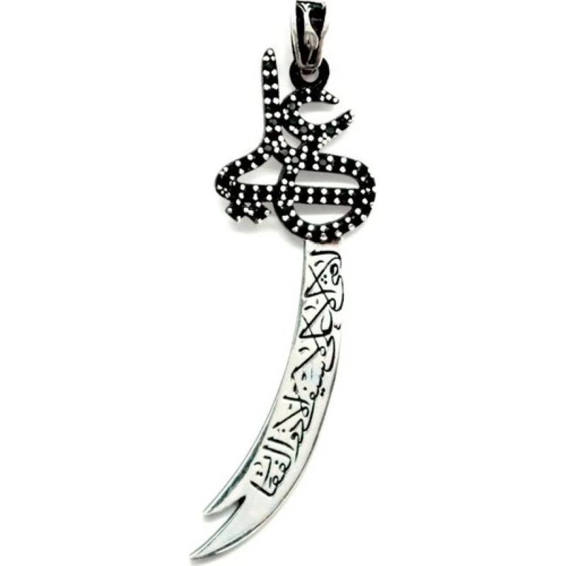 

Silver Cubic Zirconia Zulfiqar Pendant Silver 925 Sterling Hz of Ali Muslim Necklace Made in Turkey, Gift for Women Accessory