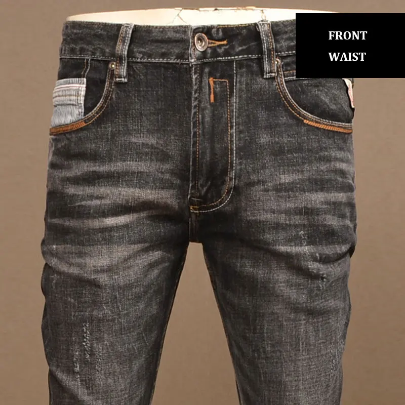 Newly Designer Fashion Men Jeans High Quality Retro Black Gray Stretch Slim Fit Ripped Jeans Men Vintage Designer Denim Pants