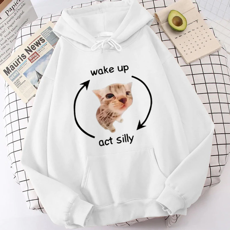 متعة الاستيقاظ Act سخيفة ميمي الجرافيك هوديي مضحك لطيف القط طباعة طويلة الأكمام البلوز الرجال النساء عادية المتضخم البلوز القمم