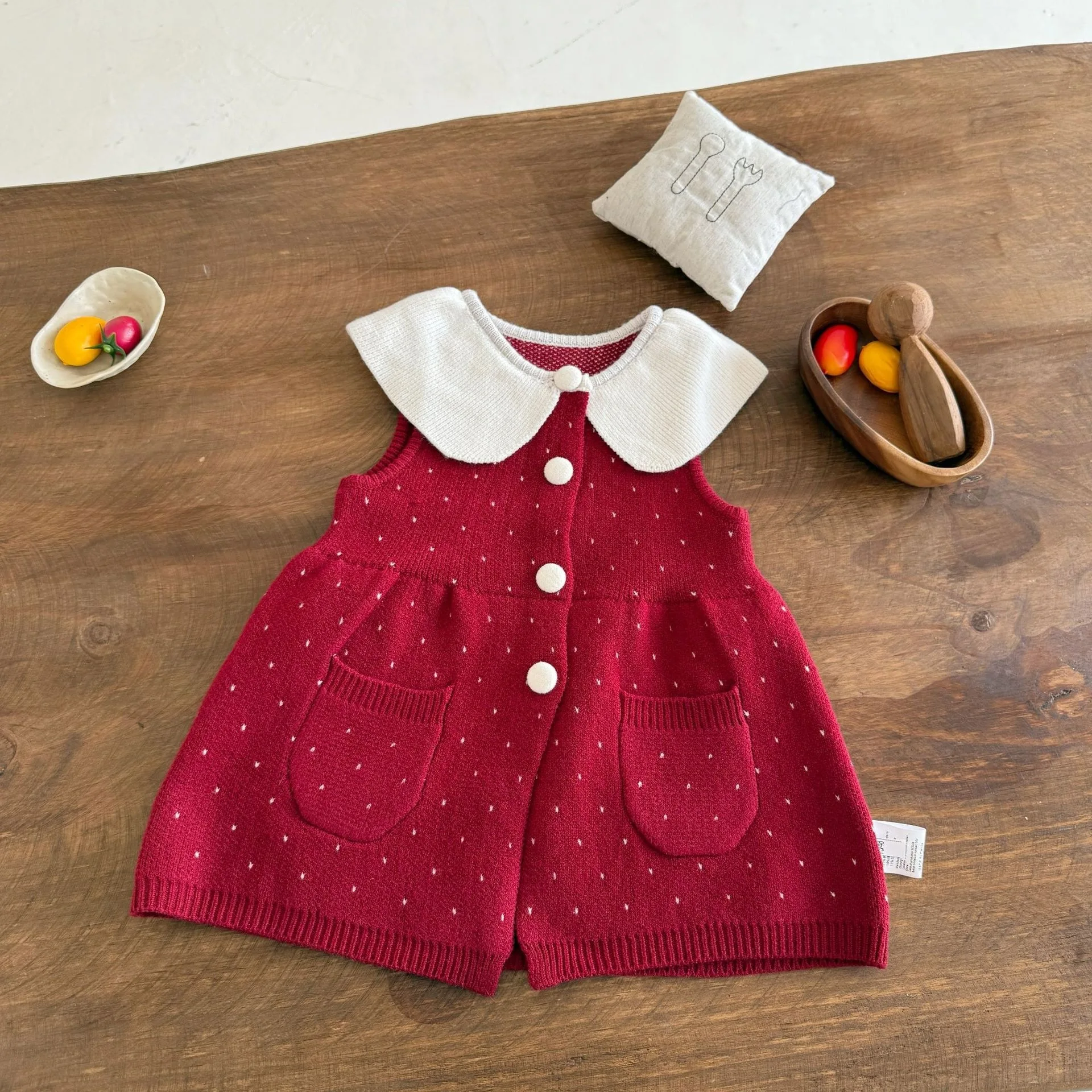 2026 Autumn New Baby Girl Sleeveless Knitted Cardigan Dress Girls Lapel Dot Princess Dress Cotton Infant Toddler Clothes