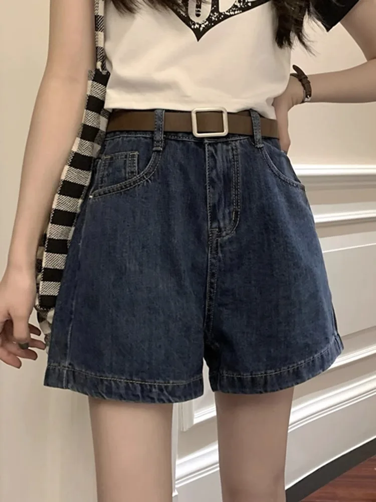 

Summer New Deep Blue Denim Short Pants Women's Size High Waist A-Line Straight Leg Wide Leg Pants plus Size Hot Pants