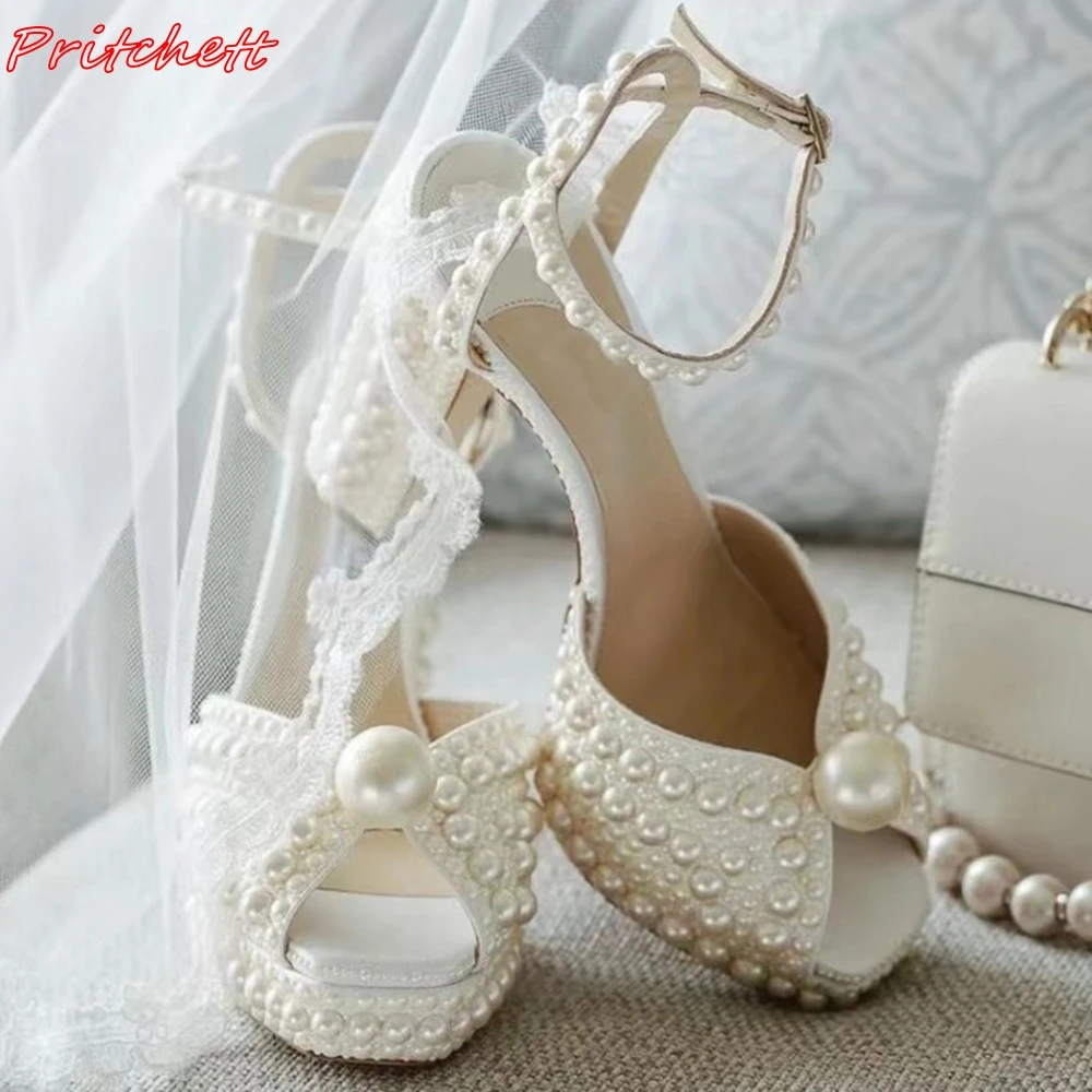 White Full Pearl Women Sandals One Word Belt Metal Buckle Chunky Heels Classic Elegant Party Wedding Summer Fashion Sandals