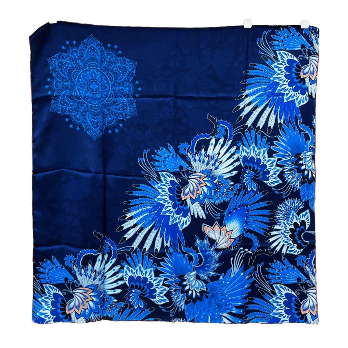 Luxury Blue 100% Mulberry Silk Scarf Women Handrolled Edges Shawls Bandanas Tops Accessories Hair Neck Scarves Foulard 110cm