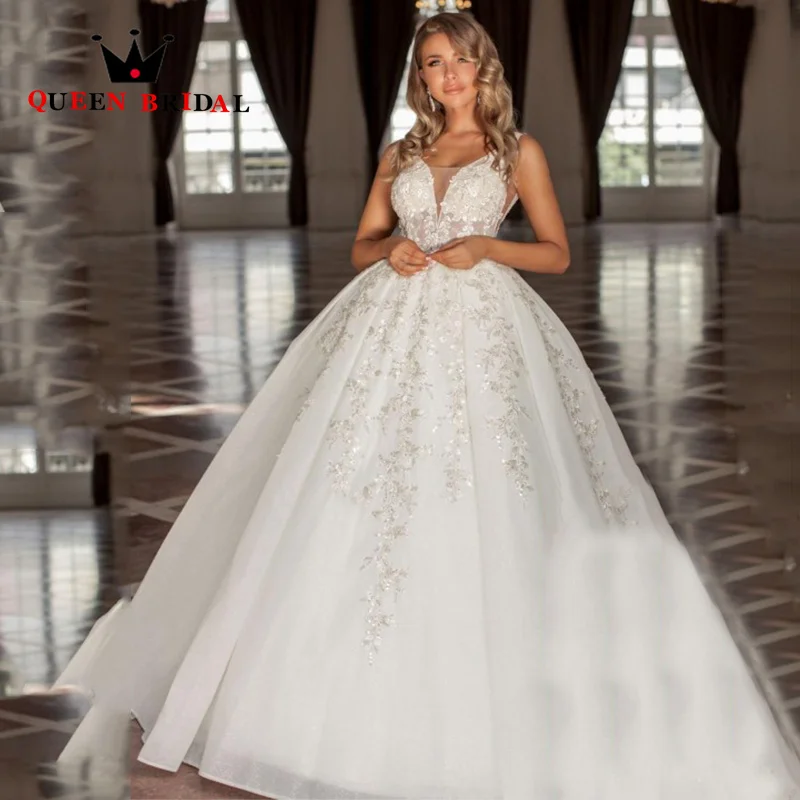 

Elegant Appliques Lace Sequined Wedding Dresses 2024 V Neck Sleeveless Backless Bridal Ball Gowns Vestidos De Novia Custom Z61Y