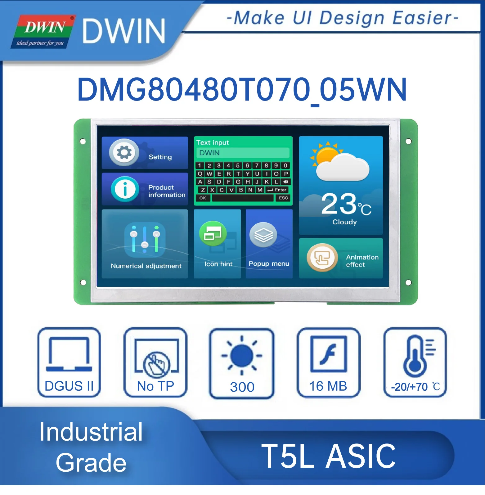 DWIN 7.0 Inch TFT LCD Display 800*480 262K Color HMI Smart Screen  RS232/TTL  Resistive/Capacitive Touch Panel DMG80480T070_05W