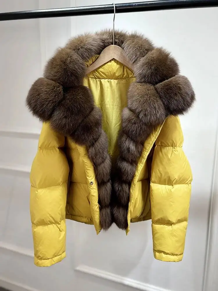 

Janveny Puffer Jacket Women 2025 New Short White Duck Down Coat Real Natural Fox Fur Parkas Female Outwear
