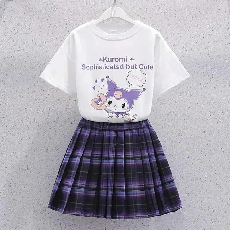 Sanrio Kuromi-Camiseta de estilo universitario Kawaii para niñas, traje de falda, ropa de verano, uniforme JK, falda, camiseta de manga corta, conjunto de dos piezas