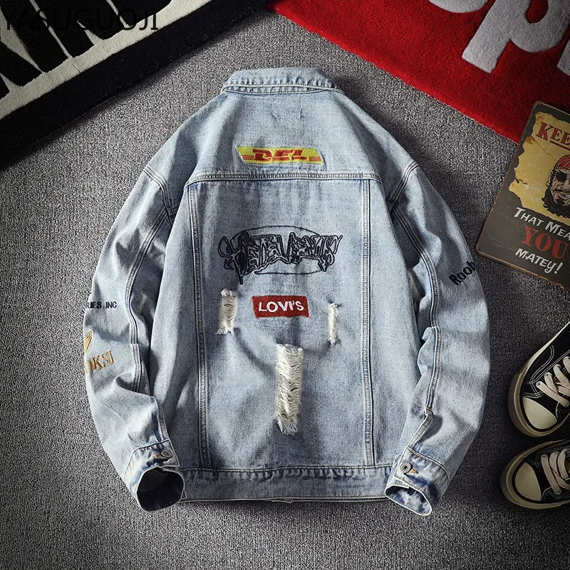 YASUGUOJI Streetwear moda męska Denim kurtki zepsute Patchwork dopasowane jeansy rurki płaszcz wiosna jesień Streetwear płaszcz dla mężczyzn