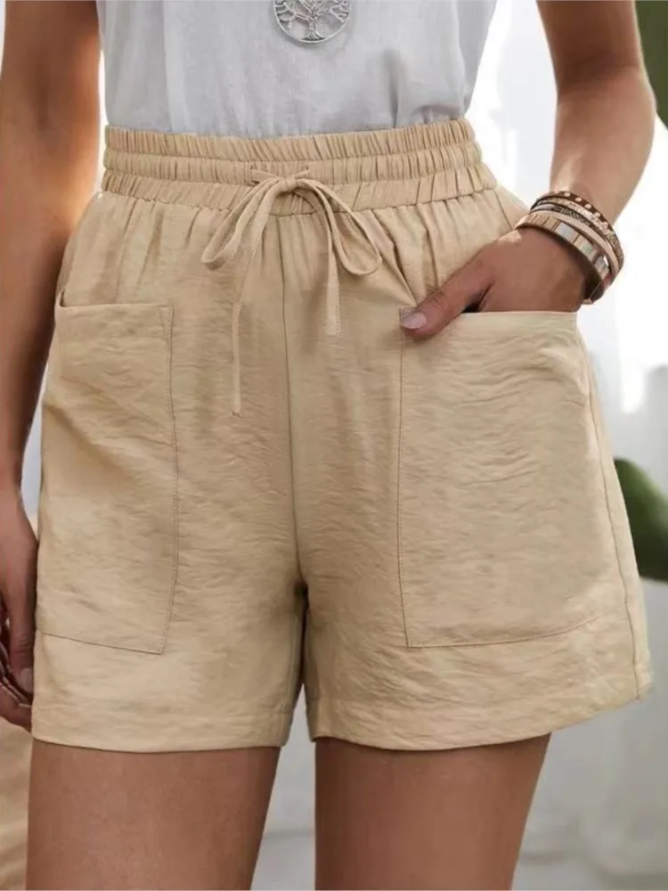 Pantalones cortos de mujer 2024, moda para mujer, pantalones cortos de lino con bolsillos de verano, cintura alta, bolsillos de mezcla de algodón, pantalones cortos sueltos con cintura elástica