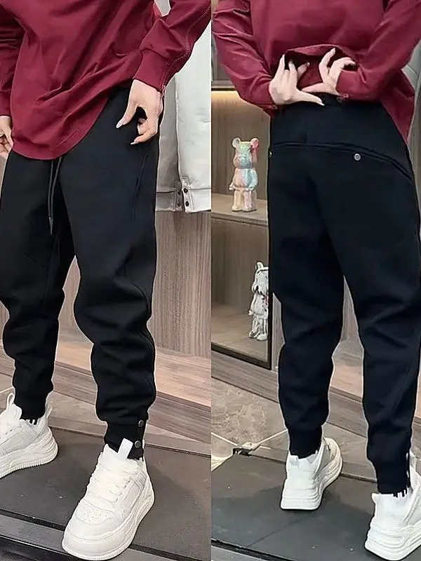 

Мужские повседневные брюки премиум-класса для осени и зимы, свободного кроя, с пуговицами на манжетах, модные спортивные штаны, прямые штанины, полиэстер