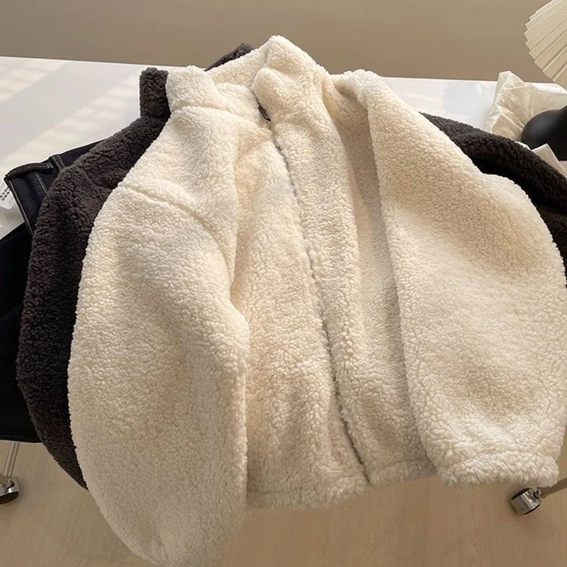 

Thickened Lamb Fur Jacket Stand Collar Women's Casual Zipper Coat Winter Outerwear Simulation Sheepskin Full Sleeve Coats