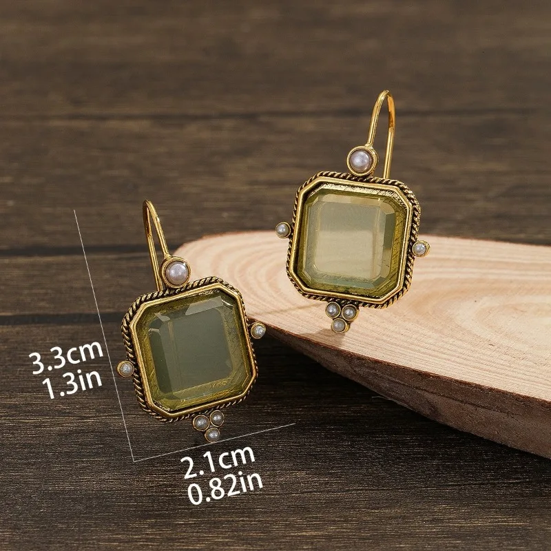 2024 New Cross Border Hexagonal Green Crystal Stone Eardrops with Ancient Style Hot Selling Commuter Earrings