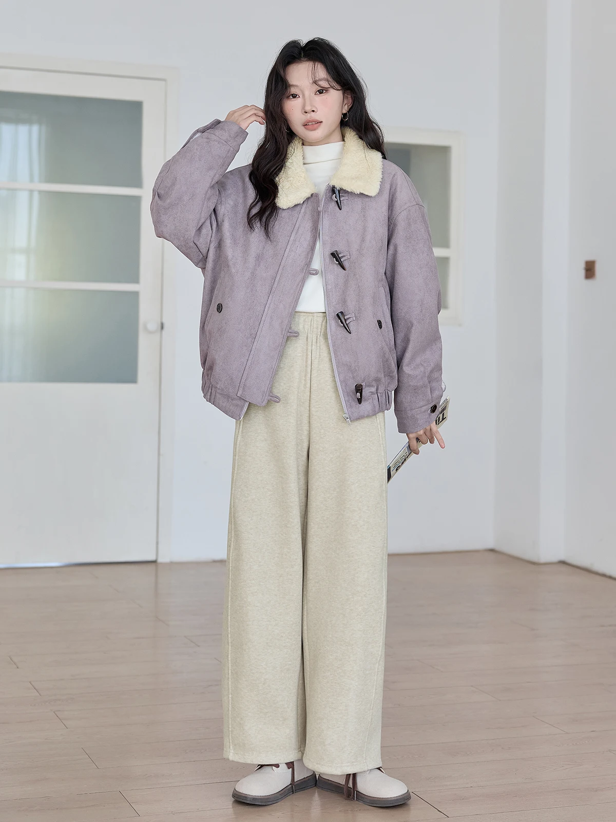 HuiXi damesjas van suède, gevoerd met leer en bont, winter, nieuw, retro, veelzijdige jas, standaard uitvoering, geschikt voor woon-werkverkeer