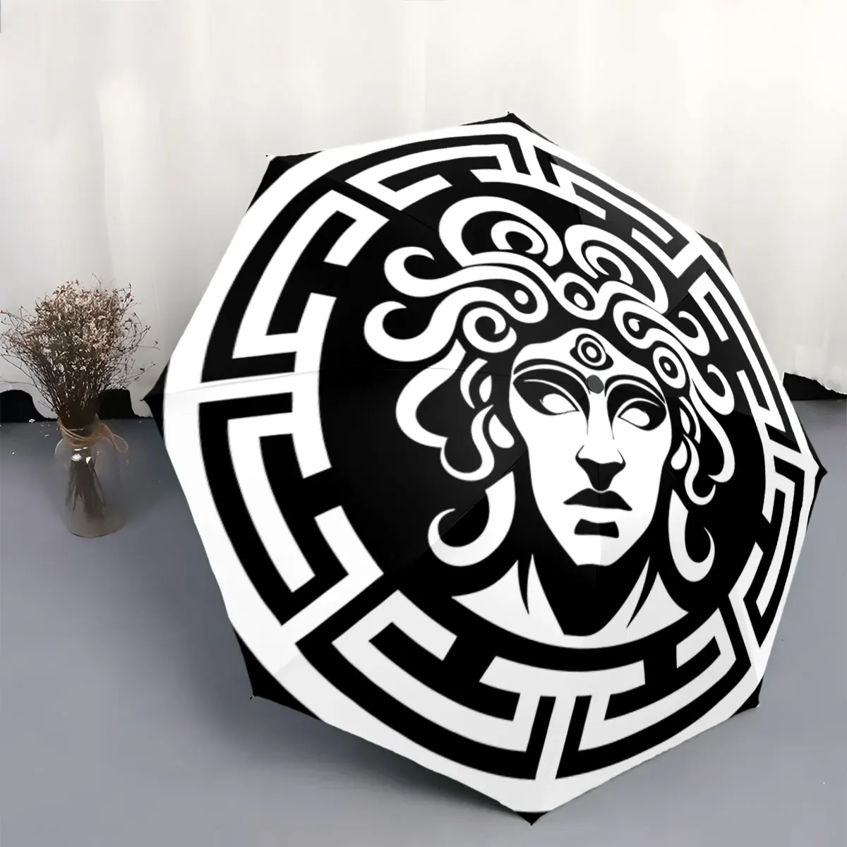 Greek Mythology Inspired Black and White Umbrella Design portable waterproof sun rain umbrella for outdoor travel beach