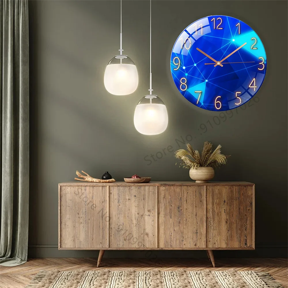 12inch Wall Clock Geometric Elements Dark Blue Clock Thickened Tempered Glass Silent Movement Quartz Clock Living Room Bedroom