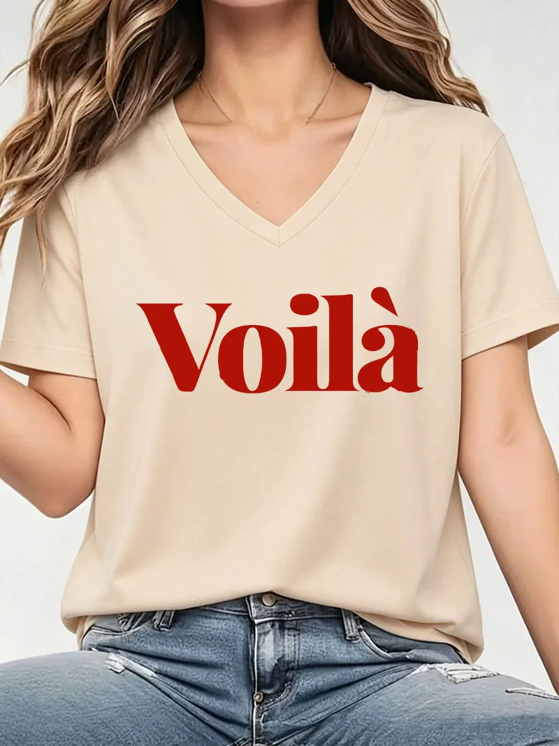 90s Y2k Voila Letter Print Streetwear T-Shirts V Neck Female T Shirts Egirl Korean Fashion Graphic Tees Tops Women Clothing