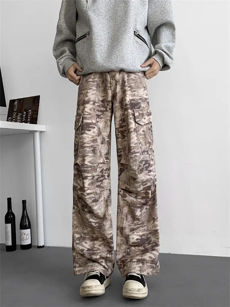 

Мужские джинсы-кюлоты в американском стиле, камуфляжные, широкие штанины, ретро, трендовые, в уличном стиле, джинсовая ткань Haome, для работы и активного отдыха