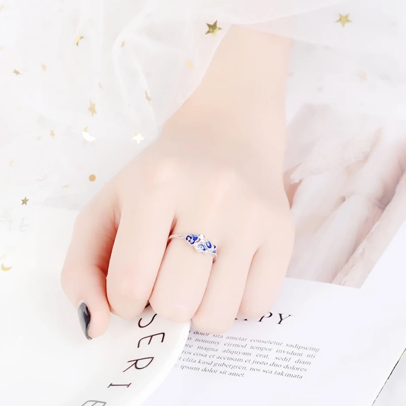 Sole Memory Blue Drip Glaze Mermaid Cloud Sweet Exquisite Silver Color Female Resizable Opening Rings