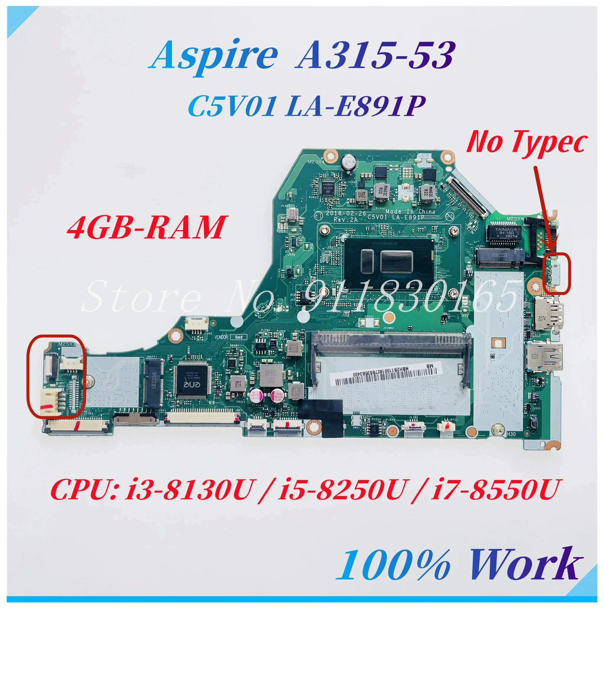 

LA-E891P Rev:2A для Acer Aspire 3 A315-53 A315-53G материнская плата для ноутбука с i3-8130U i7-8550U CPU UMA 4GB-RAM NBH2811001