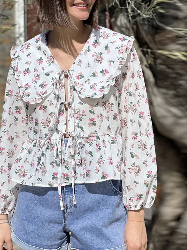 Blusa floral com renda de manga comprida estampada para mulheres, tops femininos de rua, camisas Peter Pan elegantes, primavera e verão, 2024