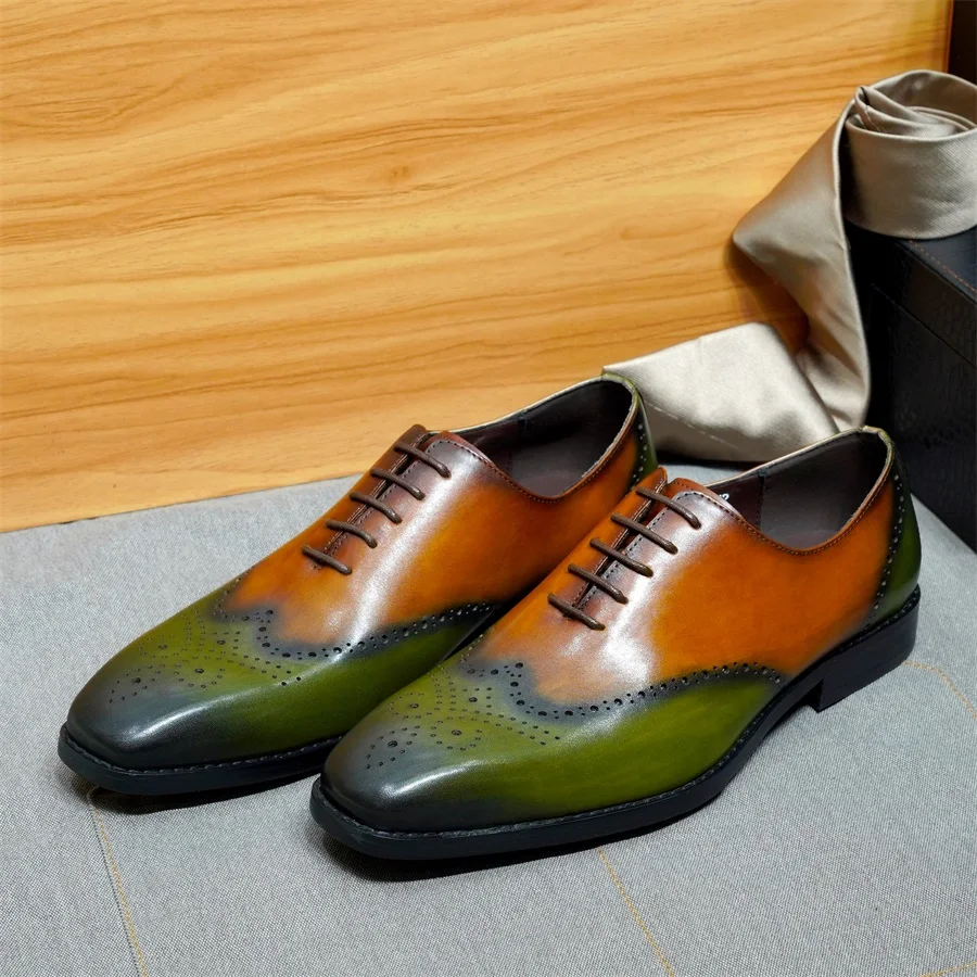 

Men's Elegant Two-Tone Burnished Handmade Brogue Shoes Genuine Leather Perforated Lace-Up Rubber Sole Formal