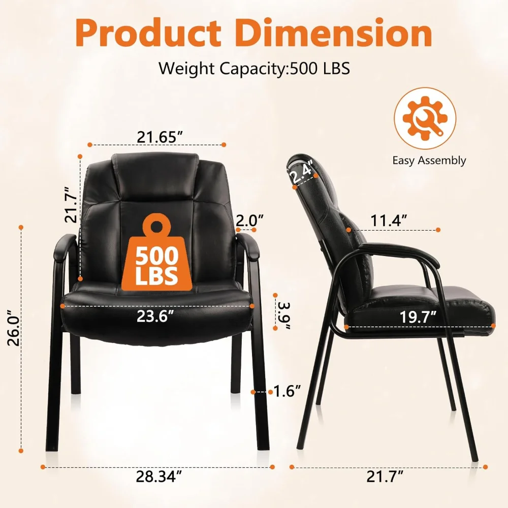 Big Tall 500 LBS Wide Guest Chair Heavy Duty, chaises de réception latérales en cuir avec accoudoir rembourré sans roues