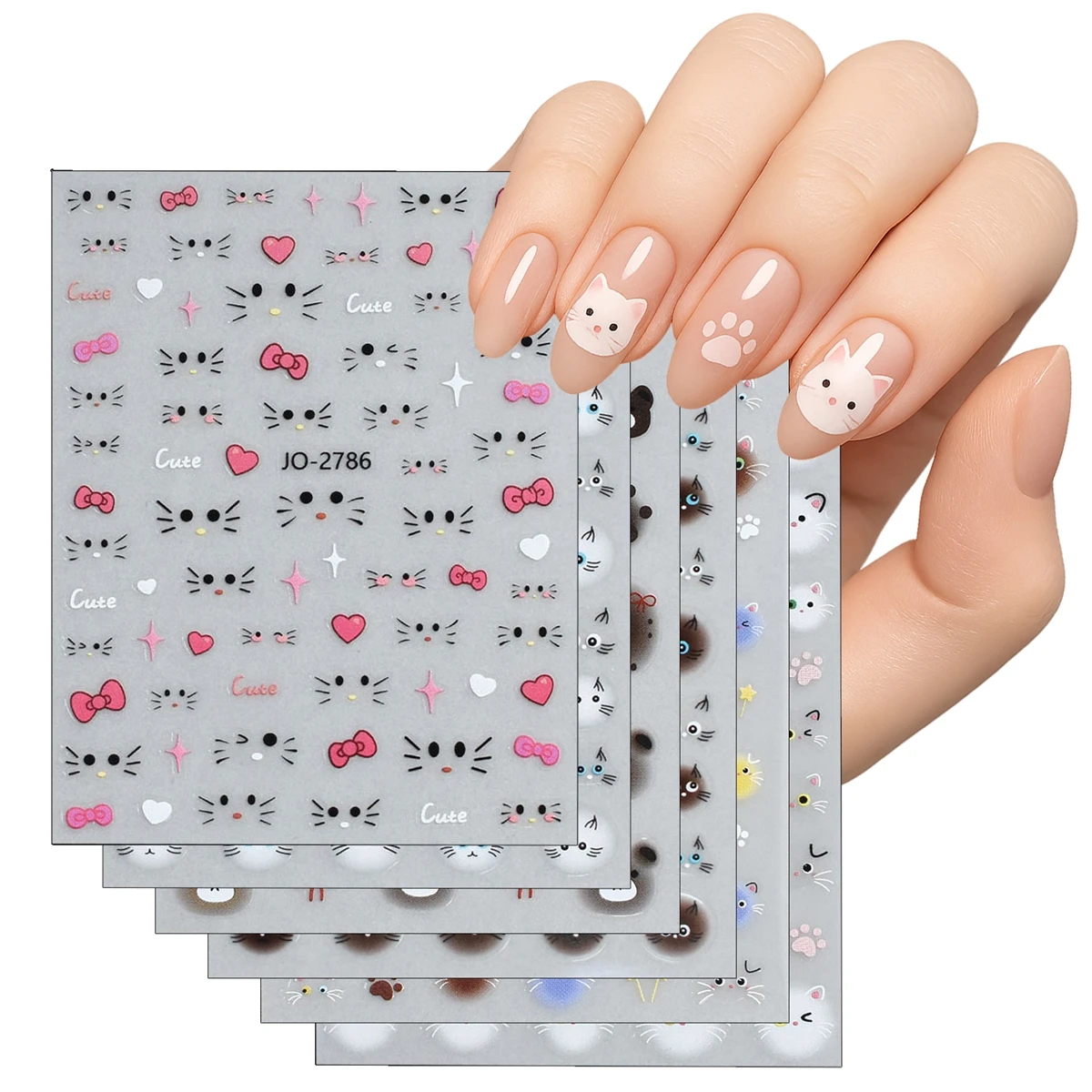 3/6/12 Blatt süße Katzen-Nagelaufkleber – selbstklebende Nagelkunst-Aufkleber mit Kitty-Gesicht, Pfotenabdruck und Schleife für DIY-Maniküre