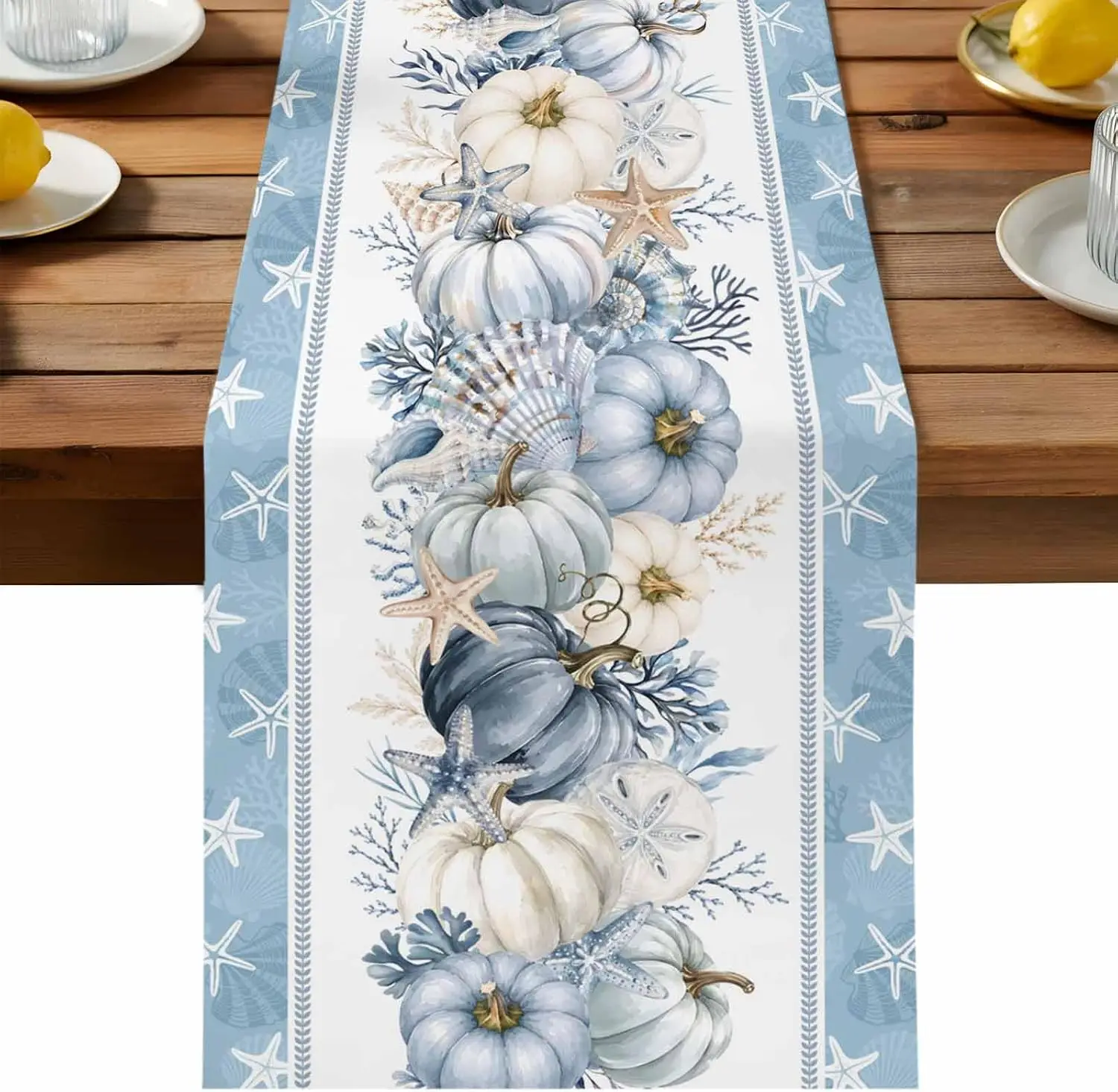 Fall Nautical Starfish Coral Shell Linen Table Runner Party Decor Autumn Pumpkin Kitchen Dining Table Runners Thanksgiving Decor