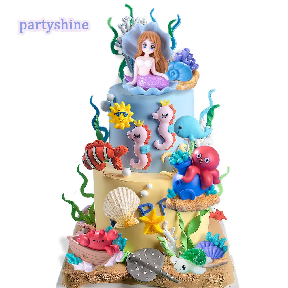 Sea Ocean Animals Cake Topper Shell Shark Octopus Decorations For Kids Mermaid Birthday Under The Sea Baby Shower Party Decors
