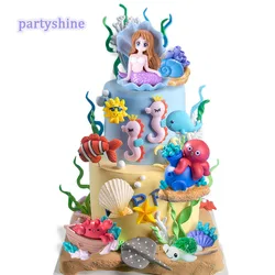 Sea Ocean Animals Cake Topper Shell Shark Octopus Decorations For Kids Mermaid Birthday Under The Sea Baby Shower Party Decors