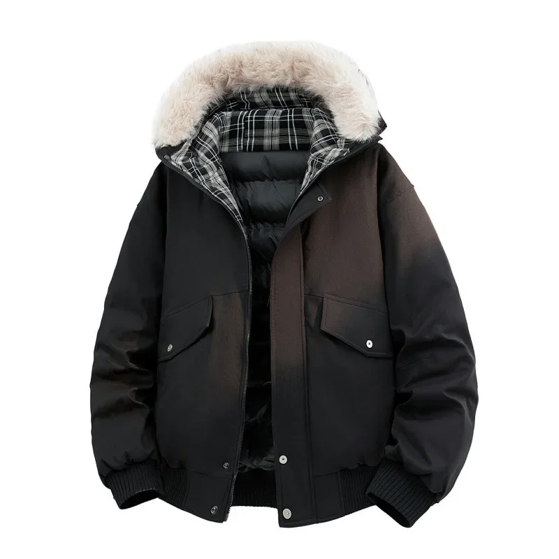 Men Winter Down Jacket Thicken Warm Plaid Patchwork Hooded Male Outerwear Vintage Long Sleeve Pocket Zipper Man Cargo Coat