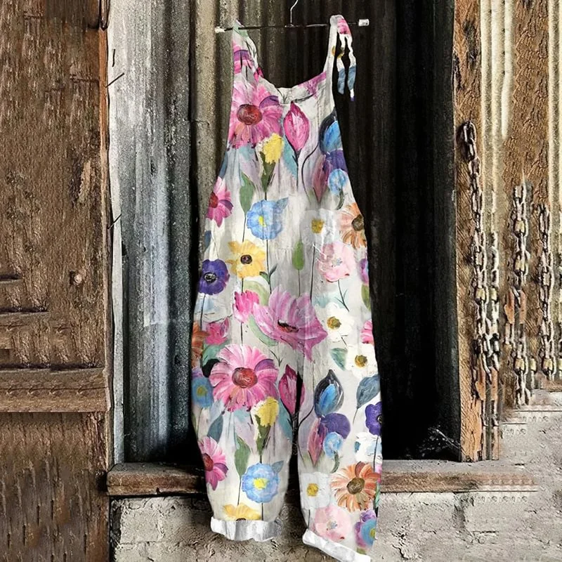 Neue frauen Ölgemälde Stil Lose Beiläufige Strampler Retro Bunte Blume Kunst 3D Gedruckt Strampler