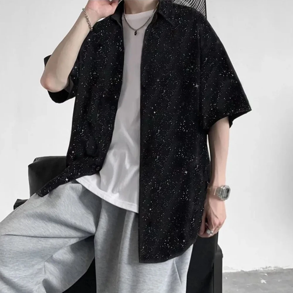 Printed Star Shirts Men Loose Fashion Trendy Retro Harajuku Shorts Sleeve Casual Streetwear Korean Hip Hop