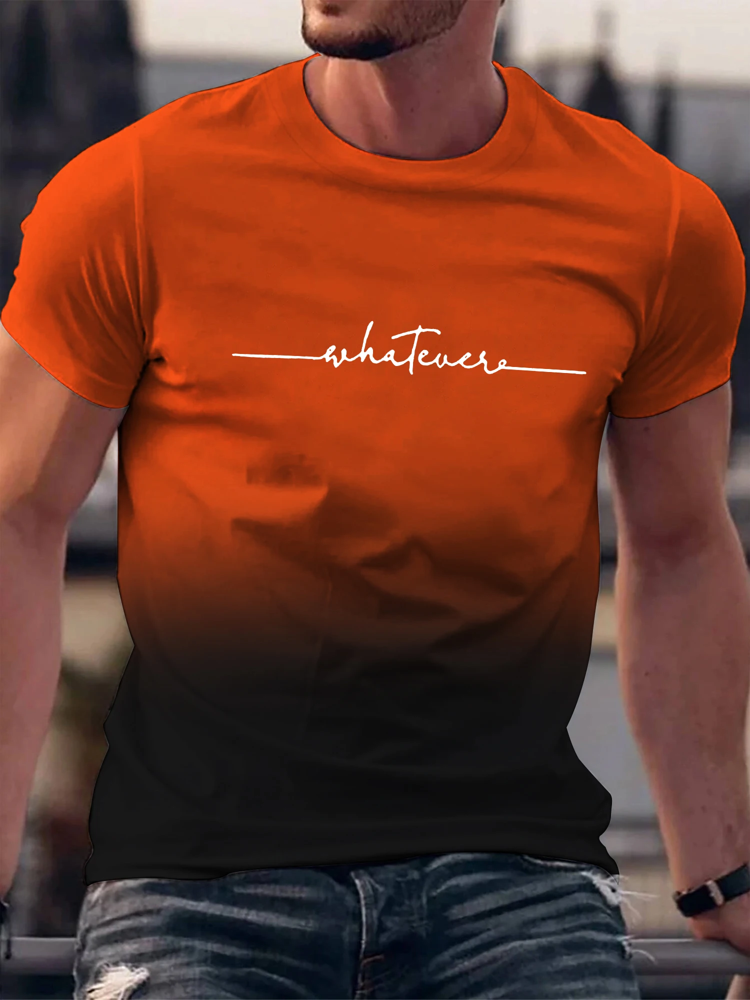 Summer Outing Whatever Print Gradient Crew Neck T-shirt For Men Trendy Casual Short Sleeve Top Men\'s Tee ropa de hombre