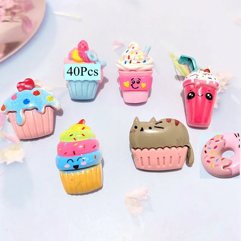 10Pcs Mixed Cake Drink Ice Cream Pink Cat Doughnut Set Planar Accessory Home Decor Cartoon Desserts Hairclip Jewelry Make